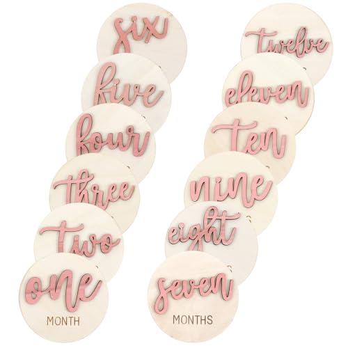 6 PCS Baby Monthly Milestone Cards, Double Sided Wooden 3D Milestone Cards Signs for Photos Announcement Sign 1-12 Months Photography Photo Newborn Keepsake Gift(Pink)