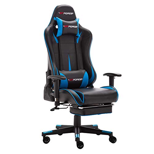 GTFORCE Formula RX - Silla Gamer reclinable para el Ordenador - con reposapiés - Ideal para casa y el Trabajo - Cuero sintético - Azul