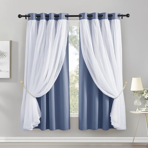 Image of PONY DANCE Sheer Blackout Curtains, 52 Wide by 63 Long, Blue Haze, 2 PCs