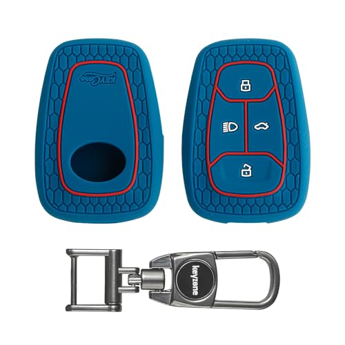 Keycare Silicone Key Cover & Keychain Compatible for TataPunch EV,Altroz,Nexon EV,Punch,Tigor EV,Safari,Tiago EV,Nexon,Harrier,Tiago,Tigor 4 Button Smart Key (Blue with MAH Key Holder)
