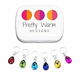 Crystal Jewels Stitch Markers for Knitting | Set of 6 Sparkly Jewel-Tone Charms | Snag-Free Rings with Storage Tin | Handmade in Canada by Pretty Warm Designs