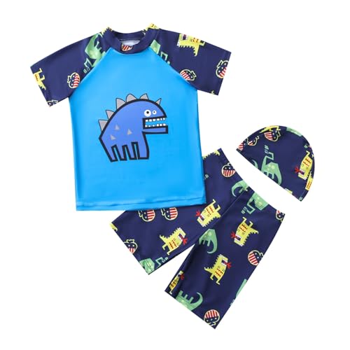 Generisch Kleinkind Badeanzug Jungen 3-teiliges Schwimmset für Jungen Kurzarm-Schwimmshirt für Jungen Badehose für Jungen Rashguard-Badeanzüge (Blue, 6-7 Years)