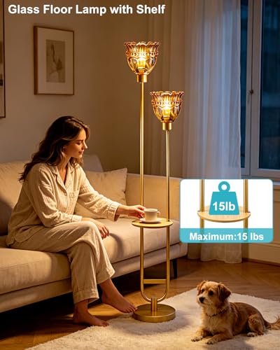 Image of Lightdot 2-Lights Glass Floor Lamp with Table Mid Century Modern Gold Standing Tall Lamps with Amber Glass Shade,LED Floor Lamp with Foot Switch for Living Room Bedroom Home Decor (Bulbs Included)