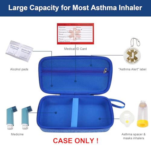 Image of MGZNMTY Travel Carrying Case Compatible with Asthma Inhaler Spacer for Adults and Children, Masks, Inhaler Holder with Asthma Alert Tag and Medical Card, Carabiner (Only Case) (Blue)