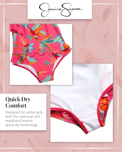 Jessica Simpson Baby Girls Swimsuit - Short Sleeve One Piece Bathing Suit for Toddlers with Matching Headband (12M-4T)4