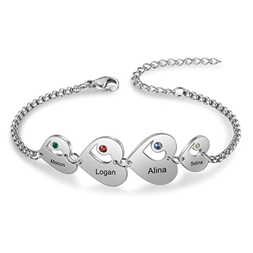 lorajewel Bracciali da Donna Personalizzato con Nome Pietra di nascita Bracciale Cuore in Argento Regalo per Festa della mamma San Valentino Natale (4 cuore)