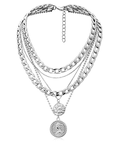 MJartoria Layered Necklaces for Women Trendy Retro Coin Pendant Necklace Dainty Chunky Chain Choker Necklaces for Jewelry Birthday Gifts (Silvery A-Retro Coin-5 in 1 Layered)