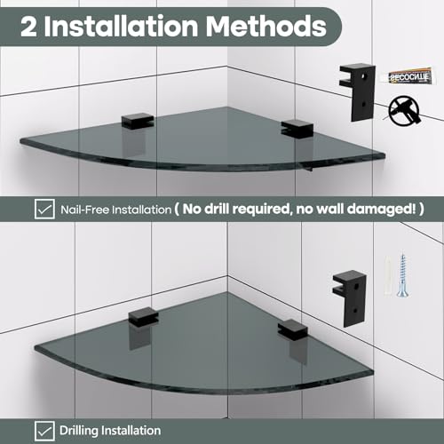 Bakzon 2-Pack Glass Shelf Shower Caddie, Shower Shelves for Inside Shower, Drilling Free Adhesive Wall Mounted Bathroom Organizer Shelves with Aluminium Brackets, Black by Bakzon - Used condition - Image 3