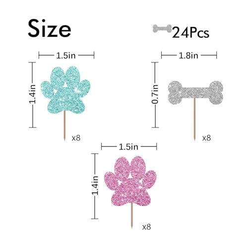 24PCS Dog Paw Cupcake Toppers, Puppy Paw & Bone Cupcake Toppers, Pet Dog Birthday Cupcake Picks, Baby Boy/Girl Birthday Party Decoration - Blue & Pink Glitter