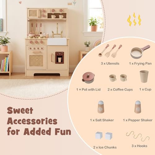 Costzon Kids Play Kitchen, Rattan Toddler Kitchen Playset w/Real Lights & Sounds, Stoves, Sink, Faucet, Oven, Ice Machine, Microwave, Coffee Maker, Wooden Chef Pretend Play Toy, Gift for Boy Girl 3+ - Image 7