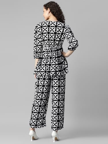 Image of DEEBACO Women's Geometric Print Rayon Top & Pants Co Ord Set for Women V Neck 3 /4 Puff Sleeve Ladies Party Casual Wear Fashionable for Girls Loose Fit Cord Set (DBCOMR00000982 L White)