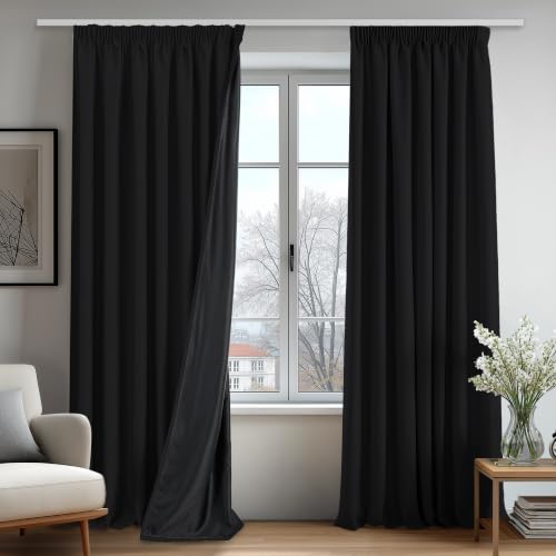 Deconovo 100% zasłony zaciemniające – zasłony do salonu z marszczoną taśmą – termiczne zasłony chroniące przed wysoką temperaturą, 140 × 260 cm, czarne, 2 panele