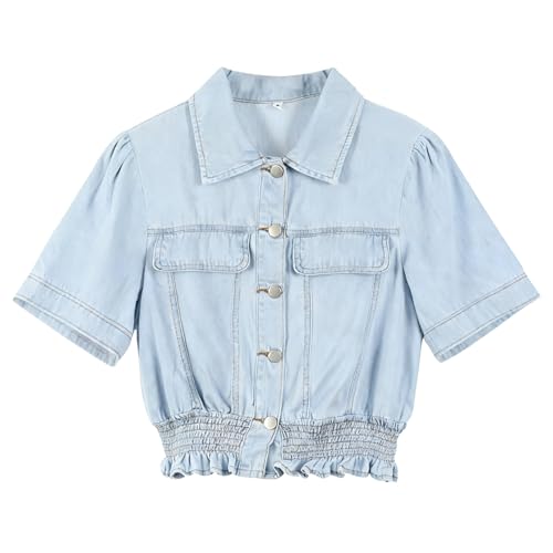 Omoone Women's Short Sleeve Denim Shirt Peplum Ruffle Hem Denim Crop Top Jackets Cowgirl Outfits