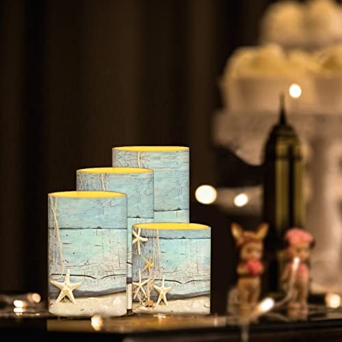 Image of Flickering Flameless Candles 4 Pieces Set, LED Pillar Candles with Timer Battery Operated Tea Lights for Coastal Decor, Beach Starfish with Blue Wood Grain