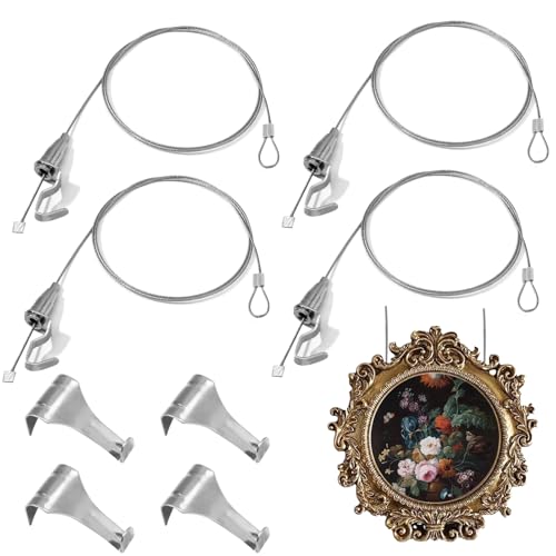 Image of Zorfeter 8 Pack Adjustable Picture Rail Hanging System, Sturdy Picture Rail Hooks Kit 66 lbs(30KG) Max Load Wire Hooks, 3ft(1m) Cable with Loop Picture Hanging Kit for Frames Display /Silver