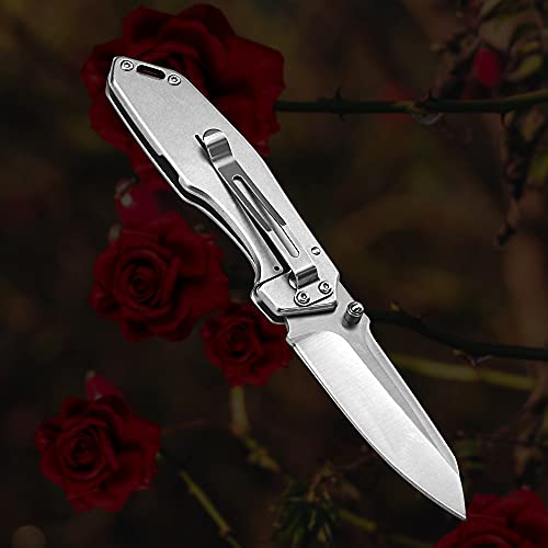 Albatross 7" Edc Simple Practical Folding Knife Liner Lock Pocket Knife With 8Cr14Mov Steel Blade,Rose Pattern Stainless Steel Handle,Belt Clip And Orange Gift Box #TOP3