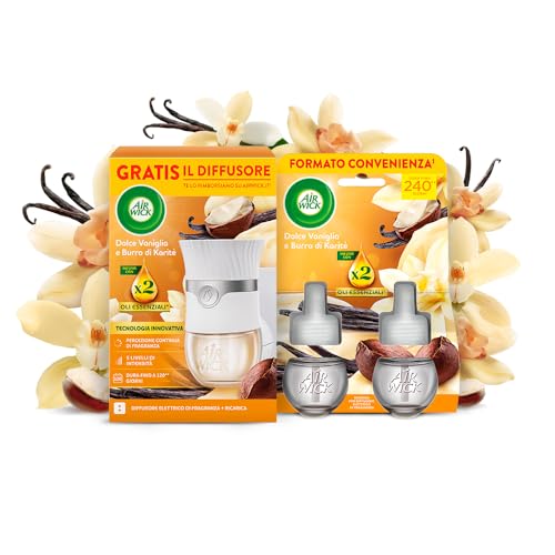 Air Wick Diffusore Elettrico di Oli Essenziali, 1 Diffusore completo gadget e Ricarica + 2 Ricariche alla Fragranza Dolce Vaniglia e Burro di Karitè
