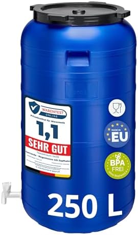 Garronda 250 Liter Weithalsfass BPA-frei Futtertonne Fass mit Hahn Universalfass Lebensmittel Fass Regenfass für Garten Regentonne mit Deckel Regenwassertonne für Garten Wassertonn