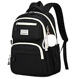 MOONBABY Girls Backpack Women Fashion Laptop Backpack Multiple Pockets Aesthetic Bookbag for Middle High School College Travel Work, Black (with Pom Pom Keychain)