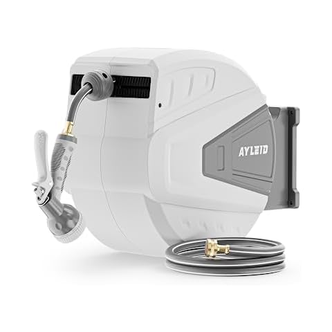 Ayleid Retractable Garden Hose Reel,5/8 in x 100 FT Wall Mounted Hose Reel, with 9- Function Sprayer Nozzle, Any Length Lock/Slow Return System/Wall Mounted/180°Swivel Bracket (Grey) Cover