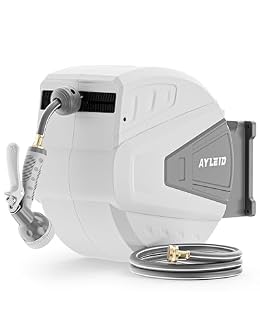 Ayleid Retractable Garden Hose Reel,1/2 in x 130 ft Wall Mounted Hose Reel, with 9- Function Sprayer Nozzle, Any Length Lock/Slow Return System/Wall Mounted/180°Swivel Bracket (Gray)
