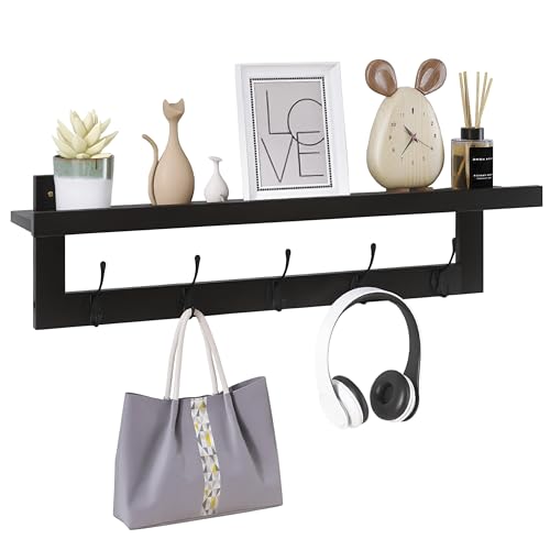 SMIBUY Patères avec étagère murale, 74 cm, étagère à suspendre en bambou avec 5 crochets doubles en métal pour salle de bain, chambre à coucher,...