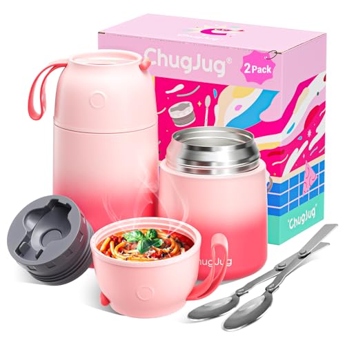ChugJug 2 Pack Soup Thermo for Hot Food for Adults Kids, Vacuum Insulated Food Jar, Lunch Thermo Food Container for School Office, Cute Travel Food Flask with Spoon(26 oz,18 oz) (Pink)