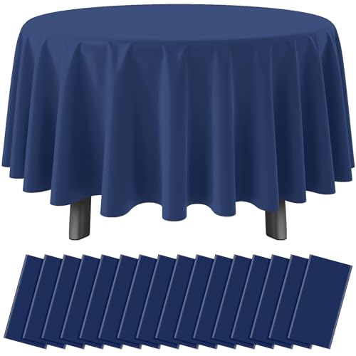 Image of 16 Pack Navy Blue Plastic Tablecloth for Round Tables, Premium Decorative Navy Blue Disposable Table Cloths for Parties, Navy Round Party Table Cover for Birthday Wedding Banquet Event, 84 Inch