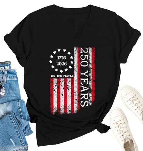 250th Anniversary USA Shirt for Women American Flag T-Shirt 1776-2026 Patriotic Shirt 4th of July Graphic V Neck Tee