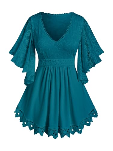 ROSE GAL Plus Size Lace Panel Butterfly Sleeve Blouse(Green_1/3X)