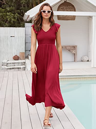 Anrabess Women's Summer Casual Cap Sleeve Midi Dress V Neck Boho Smocked Flowy Long Beach Dress A836-Anhongse-Xl Red #TOP3