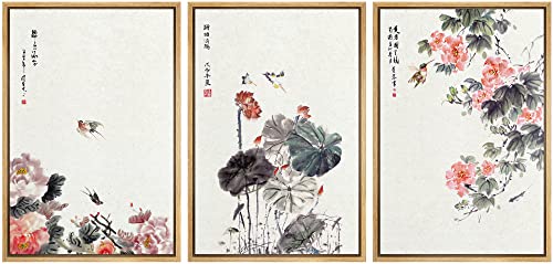 wall26-3 Panel Framed Canvas Wall Art - Chinese Ink Painting of Flowers and Birds - Giclee Print Gallery Wrap Modern Home Art Ready to Hang - 24"x36"x3 Natural