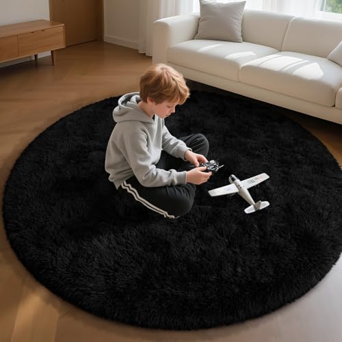 EVOIONOS Black Round Rug for Bedroom, 5x5 Ft Fluffy Soft Circle Area Rugs for Living Room, Plush Shaggy Circular Carpet for Indoor Floor Bedside Kids Nursery, Machine-Washable Home Decor Aesthetic