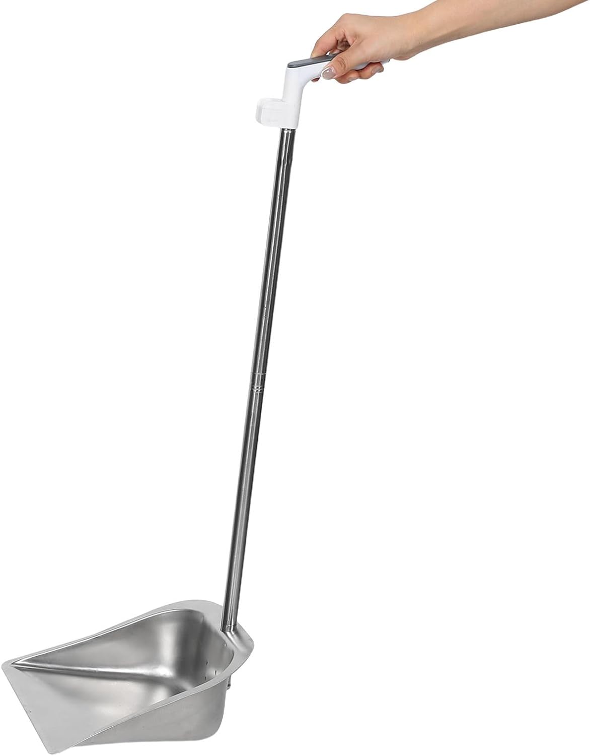 Heavy Duty Stainless Steel Dust Pan with Curved Handle and Straight Edge, Efficiently Collects Sharp Stones and Kitchen Scraps, Self Standing Garbage Shovel for Workshop