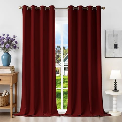 Runyéla Rideau Occultant Thermique Isolant Anti Chaleur 140x260 (LxH), Lot de 2 Rideaux Fenêtre Opaques Rouge à Oeillets Anti Froid UV Bruit, Intérieurs...