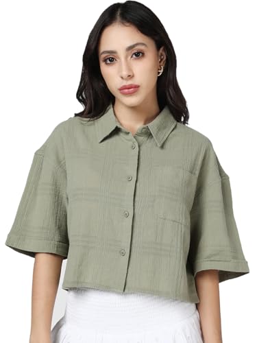 Chemise courte pour femme Bewakoof en pur coton texturé grand col