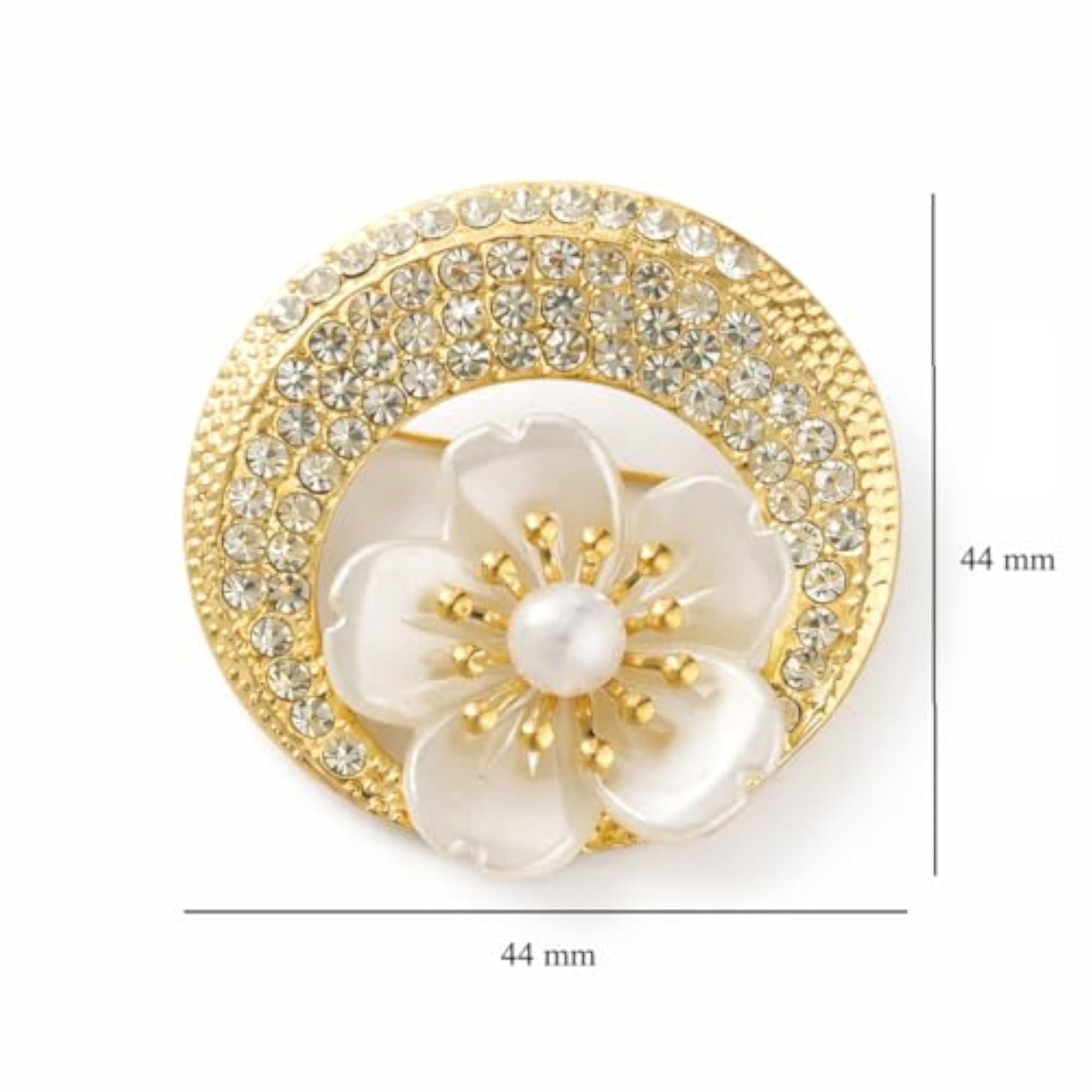 Gold Tone Flower Brooch Pin with Pearl Center, Rhinestone Embellished