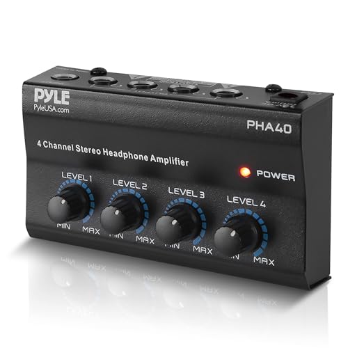 Pyle Mini Amplificador Estereo, Portatil, 4 Canales, Profesional, Conector de Salida de Auriculares, TRS balanceado de 4 ¼", Entrada de Audio, Mezclador de Sonido