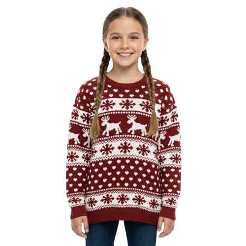 Image of Hamishkane® Christmas Jumpers for Kids, Snowflake Knitted Reindeer Jumper for Girls, Festive Long Sleeve Xmas Jumpers Boys, Crew Neck Unisex Novelty Knitwear Christmas Sweater Red Top 3-13 Years