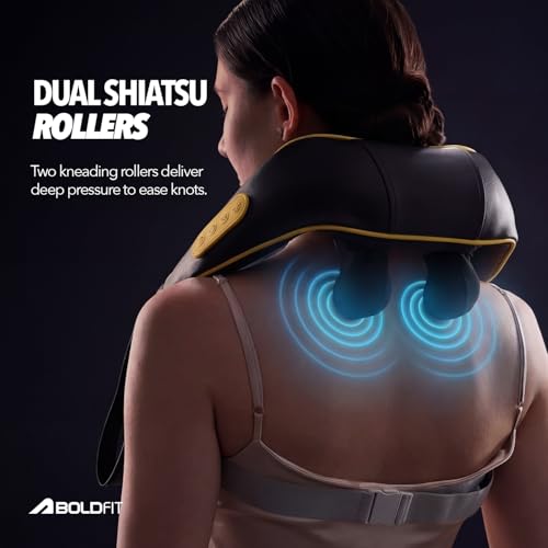 Image of Boldfit Electric Cordless Shiatsu Neck Shoulder Massager with Heat for Cervical Pain,2 Bi-Directional Rollers, 3 Speeds, 3600mAh Rechargeable, Hands-Free Back Buckle, Portable Deep Tissue Pain Relief