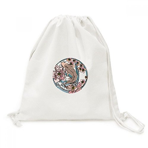 Sac à dos cordon géométrie motif carpe rose lotus en toile pour sport et voyage