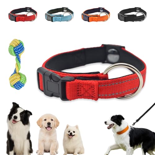 Magnetic Dog Collar, Reflective Adjustable Dog Collar for Senior Dogs, Double-Layer Breathable Fabric Pet Collar with Quick-Release Magnetic Buckle (Red)