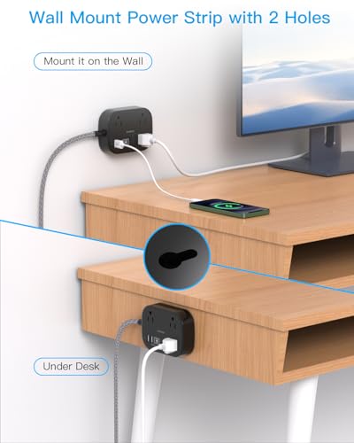 One Beat Cruise Ship Essentials,Travel Power Strip with USB C,Flat Plug Extension Cord with 3 Outlets 4 USB Ports(2 USB C),5 ft Desk Wall Outlet Extender,Non Surge Protector for Cruise,Dorm, Black
