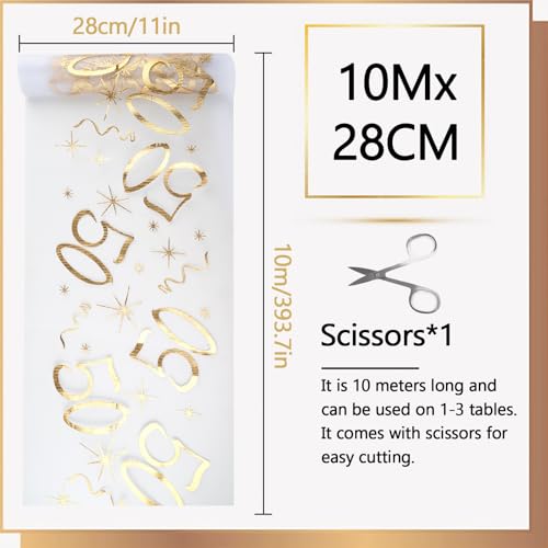 Tischläufer Geburtstag, 50 Geburtstag Deko(10m x 28cm), Tischdeko Geburtstag Tischläufer für Mann und Frau mit Schere Zuschneidbar( Gold )