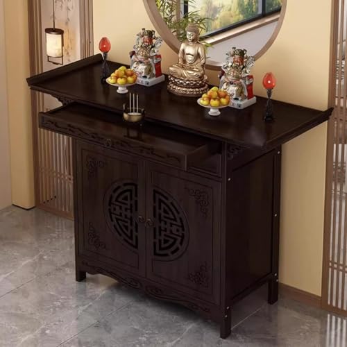 Altar Cabinet, Bamboo Personal Shrine Altar Table, Buddhist Prayer Altar Table with Storage, Poja Shrine Style Cabinet with Drawers for Home Puja Incense and Pray(80cm)