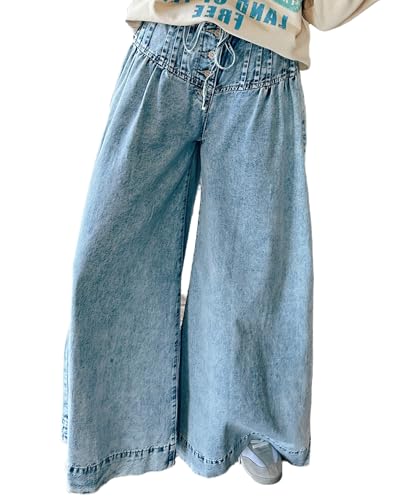 Women's Vintage Baggy Wide Leg Jeans High Waisted Buttons Drawstring Pleated Hem Denim Pants2