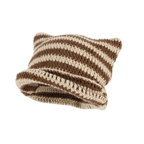 KIEKIECOO Grunge Crochet Cat Ear Beanie Vintage for Women Striped Cute Knitted Hat Slouchy Y2k Loverboy Winter Warm (Beige Coffee,One Size)