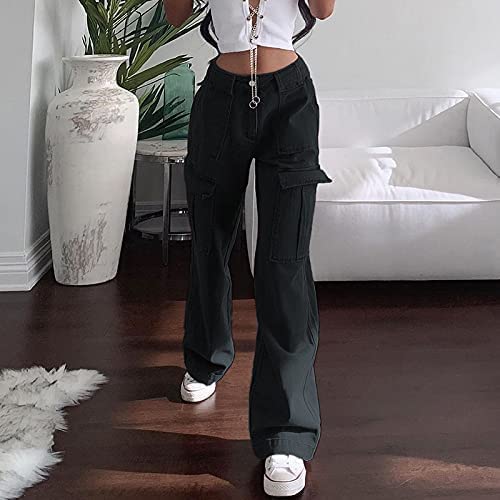 Qyangg High Waist Cargo Pants Women Stretch Baggy Cargo Pants Women Multiple Pockets Relaxed Fit Straight Wide Leg Y2K Pants Black #TOP5