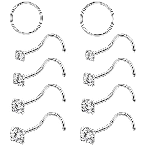 agogue 10 piezas de piercing para la nariz, anillo nasal de plata, piercing para la nariz con zirconia, adecuado para mujeres y hombres