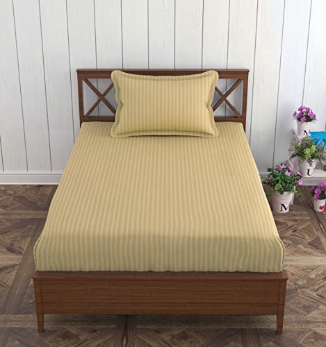 Image of Trance Home Linen 100% Cotton 75x36 inch Single Fitted 200TC Satin Stripe Elastic Fitted Bedsheet | Single Bed Size Daily use Fitted Bedspread with 1 Pillow Covers (75 inchx36 inch | 6.25x3 feet,Beige)